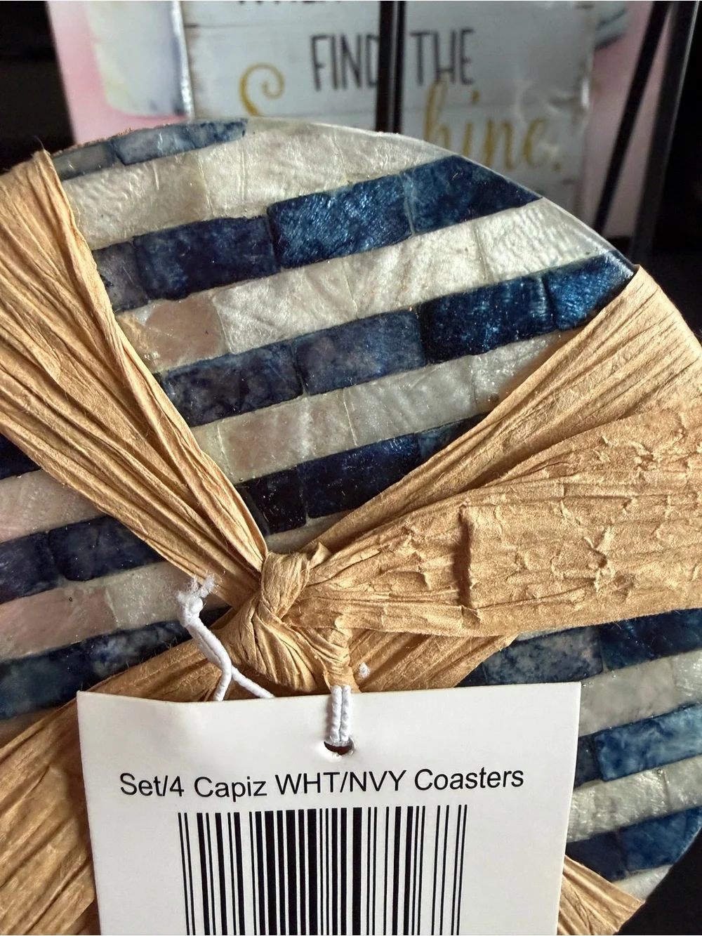 Capiz Striped Round Coaster Set - White & Navy Set of 8
